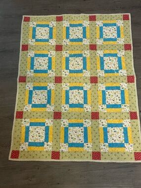 Handmade Floral Patchwork baby Quilt in Yellow, Blue, and Green - 30” by 40”